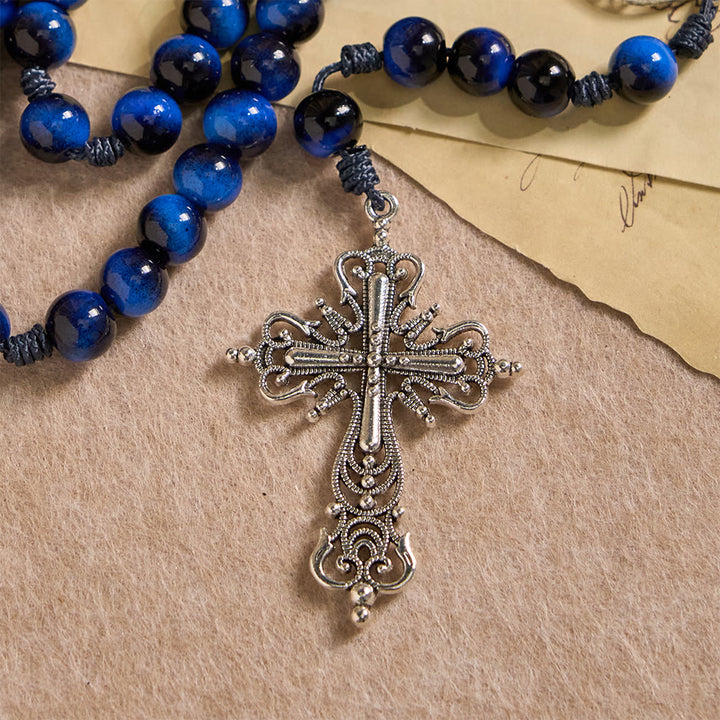 Christianartworkshop Rosenkranz aus blauem Tigerauge mit silberfarbenem Kruzifix: Ein Symbol für Gottes unerschütterliche Stärke - image 8