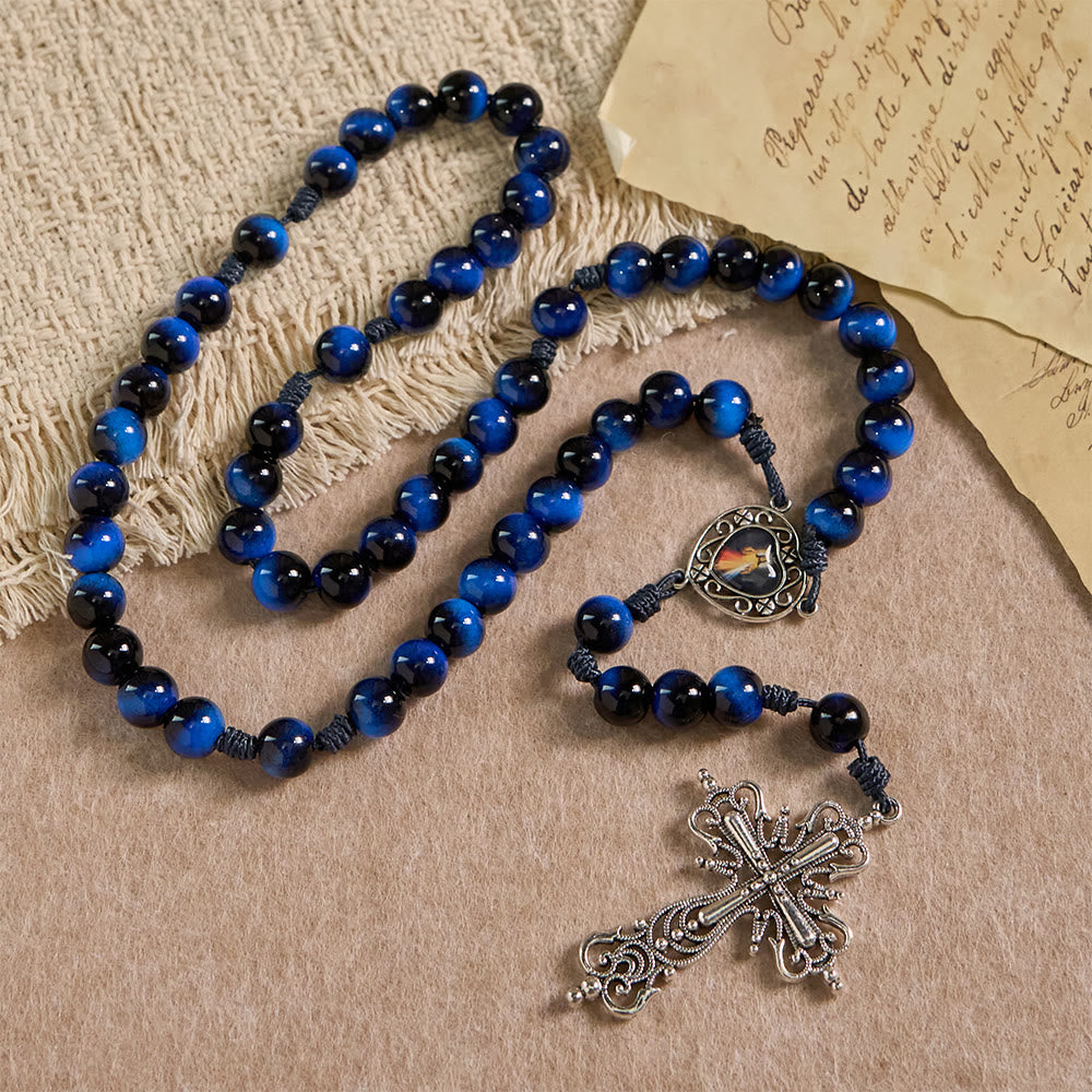 Christianartworkshop Rosenkranz aus blauem Tigerauge mit silberfarbenem Kruzifix: Ein Symbol für Gottes unerschütterliche Stärke - Rosenkranz aus blauem Tigerauge - image 0