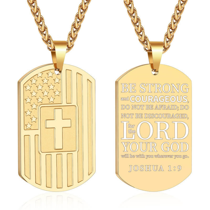 Christianartworkshop Doppelseitige Halskette mit amerikanischer Flagge und Kreuz sowie Bibelvers: Ein Symbol heiliger Stärke und Tapferkeit - Golden Joshua 1:9 - image 3
