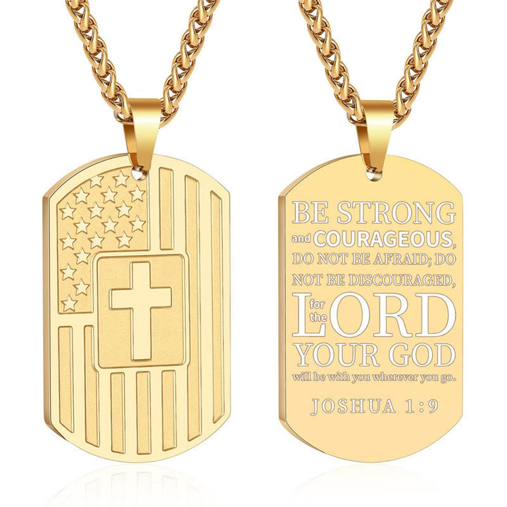 Christianartworkshop Doppelseitige Halskette mit amerikanischer Flagge und Kreuz sowie Bibelvers: Ein Symbol heiliger Stärke und Tapferkeit - Golden Joshua 1:9 - image 3
