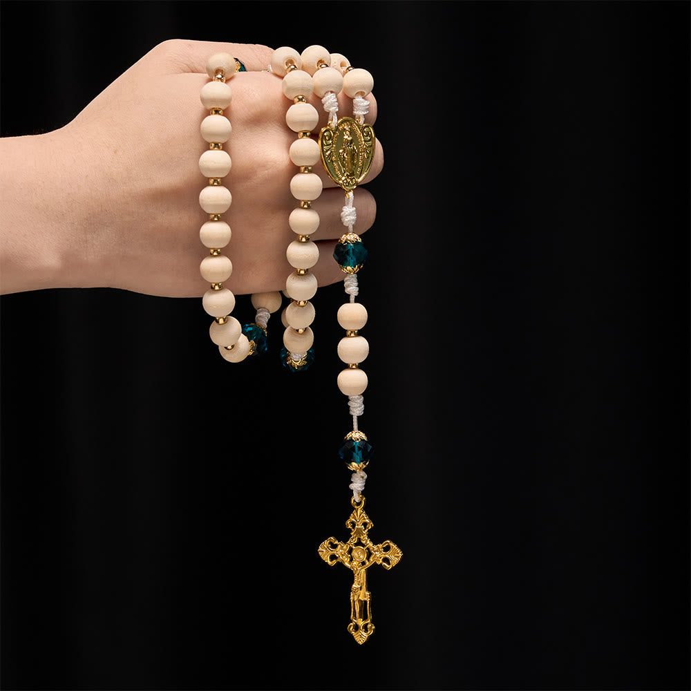 Christianartworkshop Rosenkranz aus Holzperlen „Unsere Liebe Frau von der Gnade“ mit pfauenblauen Perlenakzenten - image 1