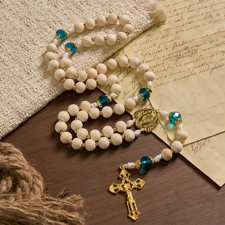 Christianartworkshop Rosenkranz aus Holzperlen „Unsere Liebe Frau von der Gnade“ mit pfauenblauen Perlenakzenten - image 3