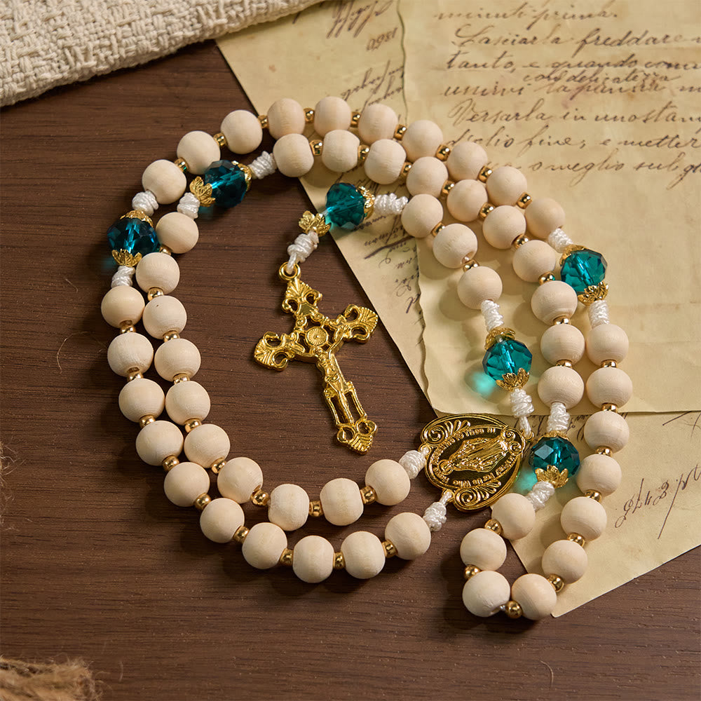 Christianartworkshop Rosenkranz aus Holzperlen „Unsere Liebe Frau von der Gnade“ mit pfauenblauen Perlenakzenten - image 2