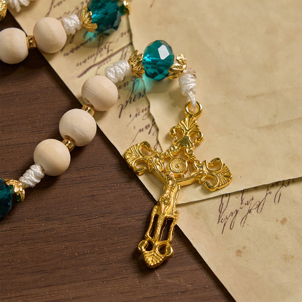 Christianartworkshop Rosenkranz aus Holzperlen „Unsere Liebe Frau von der Gnade“ mit pfauenblauen Perlenakzenten - image 7