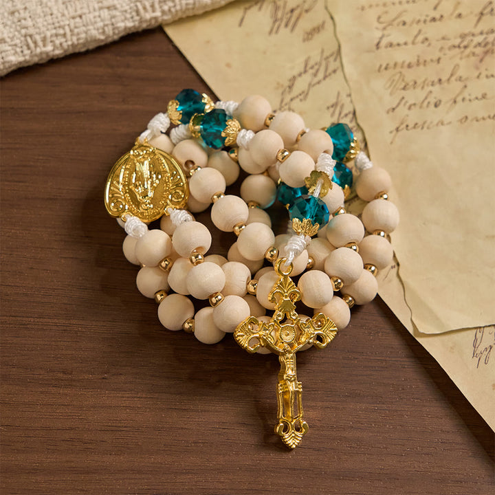 Christianartworkshop Rosenkranz aus Holzperlen „Unsere Liebe Frau von der Gnade“ mit pfauenblauen Perlenakzenten - image 4