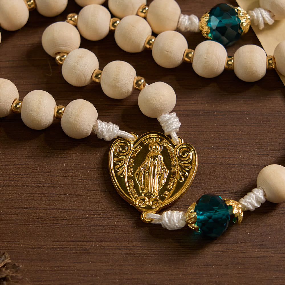 Christianartworkshop Rosenkranz aus Holzperlen „Unsere Liebe Frau von der Gnade“ mit pfauenblauen Perlenakzenten - image 6