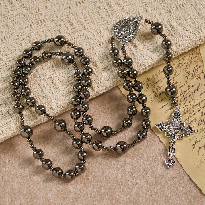 Christianartworkshop Antiker silberfarbener Rosenkranz mit Kampfperlen: Ein Symbol der Gnade in jedem Gebet - Unsere Liebe Frau und das Kruzifix - image 0