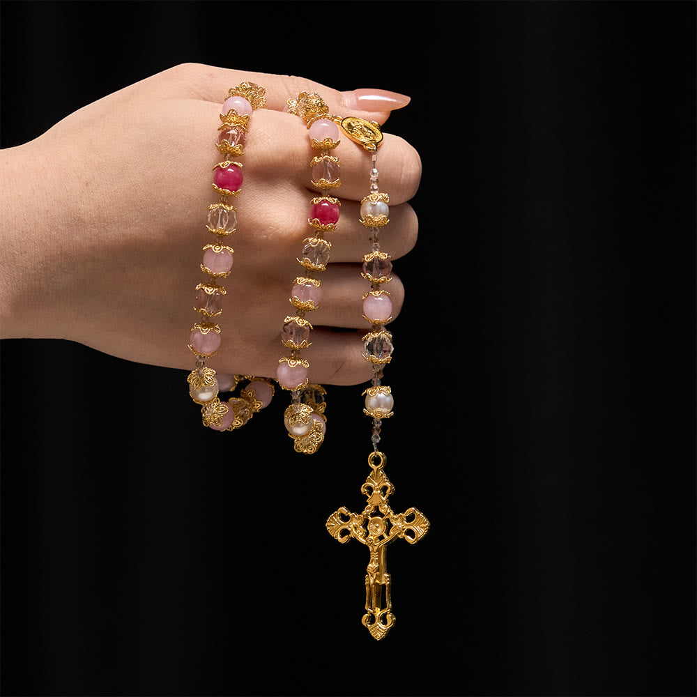 Christianartworkshop Rosenkranz aus rosafarbenem Glas mit Marienmedaille und Kruzifix: Heilige Liebe in eleganter Handwerkskunst vereint. - image 1