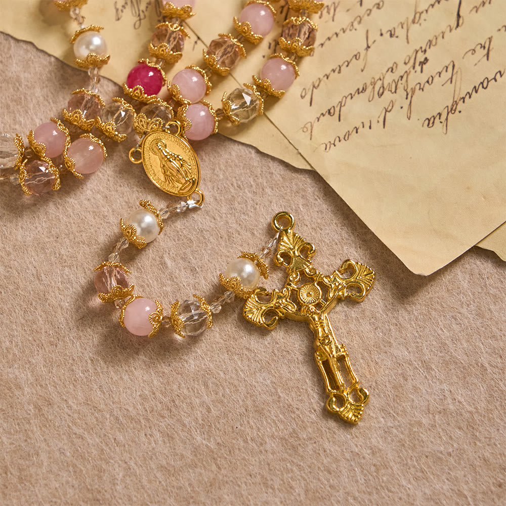 Christianartworkshop Rosenkranz aus rosafarbenem Glas mit Marienmedaille und Kruzifix: Heilige Liebe in eleganter Handwerkskunst vereint. - image 7