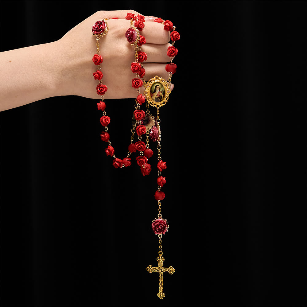 Andachtsrosenkranz aus Rosenharzperlen von Christianartworkshop mit Marienmedaille und Kruzifix: Trägt göttliches Licht in jedem Blütenblatt - image 1