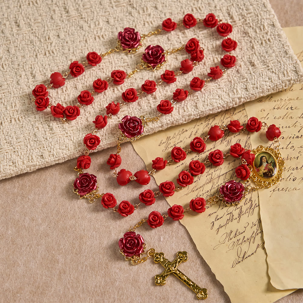 Andachtsrosenkranz aus Rosenharzperlen von Christianartworkshop mit Marienmedaille und Kruzifix: Trägt göttliches Licht in jedem Blütenblatt - image 4