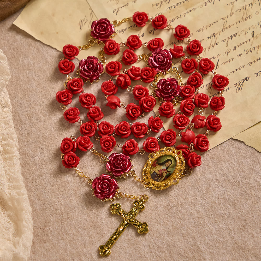 Andachtsrosenkranz aus Rosenharzperlen von Christianartworkshop mit Marienmedaille und Kruzifix: Trägt göttliches Licht in jedem Blütenblatt - Die heilige Therese und das Kruzifix - image 0