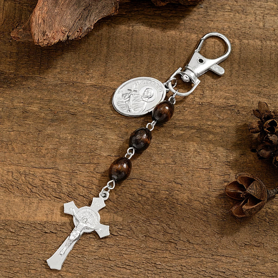 Christianartworkshop Schlüsselanhänger mit Medaillon und Kreuz aus Holzperlen, verziert mit dem Heiligen Gerard und Jesus: Ein Symbol heiliger Fürsorge und Schutz - St. Gerard - image 3