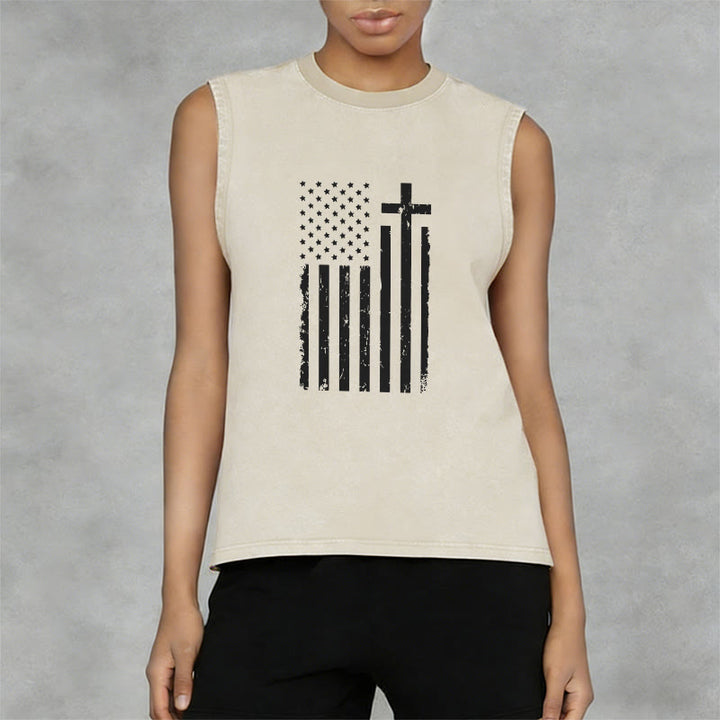 Christianartworkshop Tanktop mit amerikanischer Flagge und Kreuz, patriotisch, gewaschen - image 11