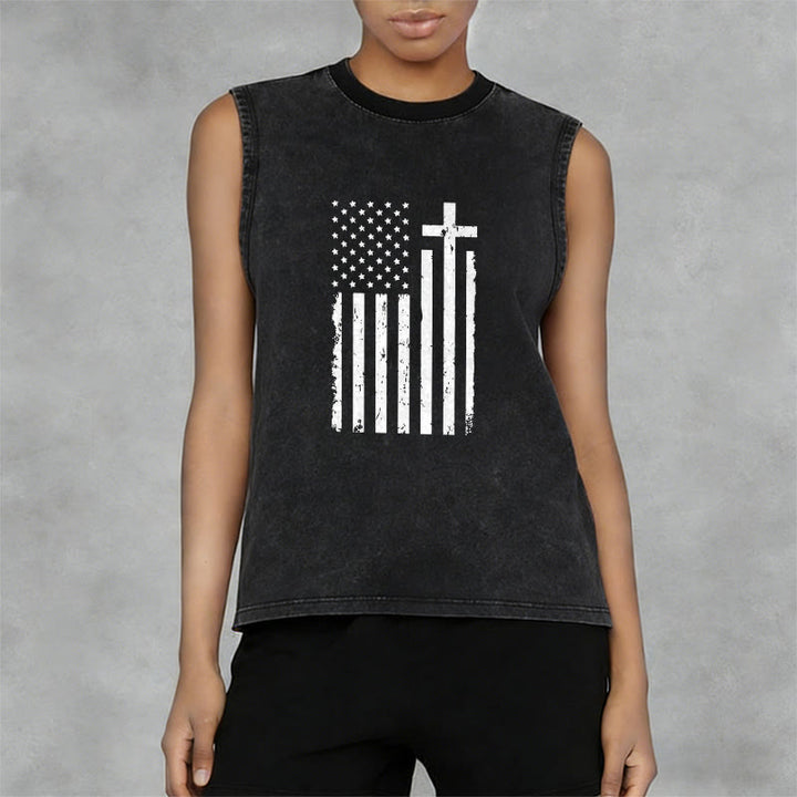 Christianartworkshop Tanktop mit amerikanischer Flagge und Kreuz, patriotisch, gewaschen - image 5