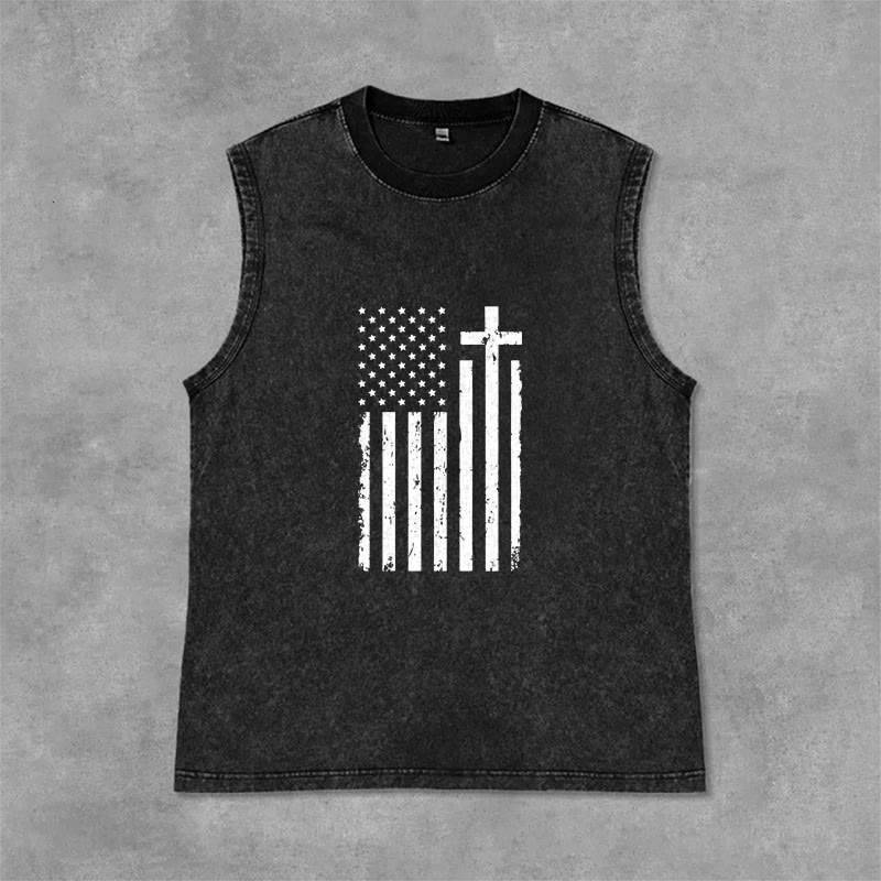 Christianartworkshop Tanktop mit amerikanischer Flagge und Kreuz, patriotisch, gewaschen - Schwarz - 2XL - image 3