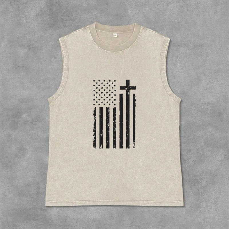 Christianartworkshop Tanktop mit amerikanischer Flagge und Kreuz, patriotisch, gewaschen - Beige - 2XL - image 9