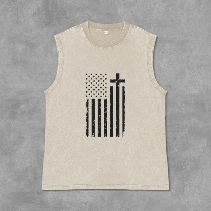 Christianartworkshop Tanktop mit amerikanischer Flagge und Kreuz, patriotisch, gewaschen - Beige - 2XL - image 9