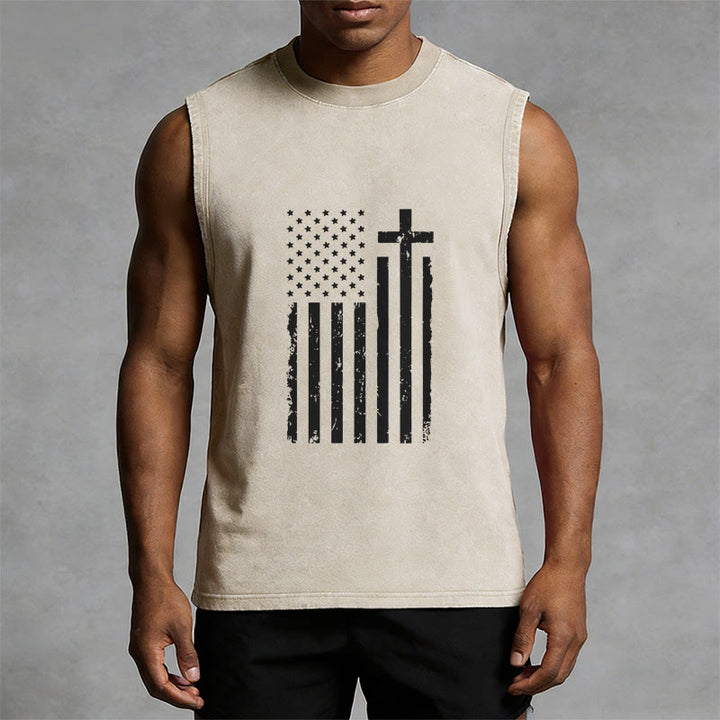 Christianartworkshop Tanktop mit amerikanischer Flagge und Kreuz, patriotisch, gewaschen - image 10