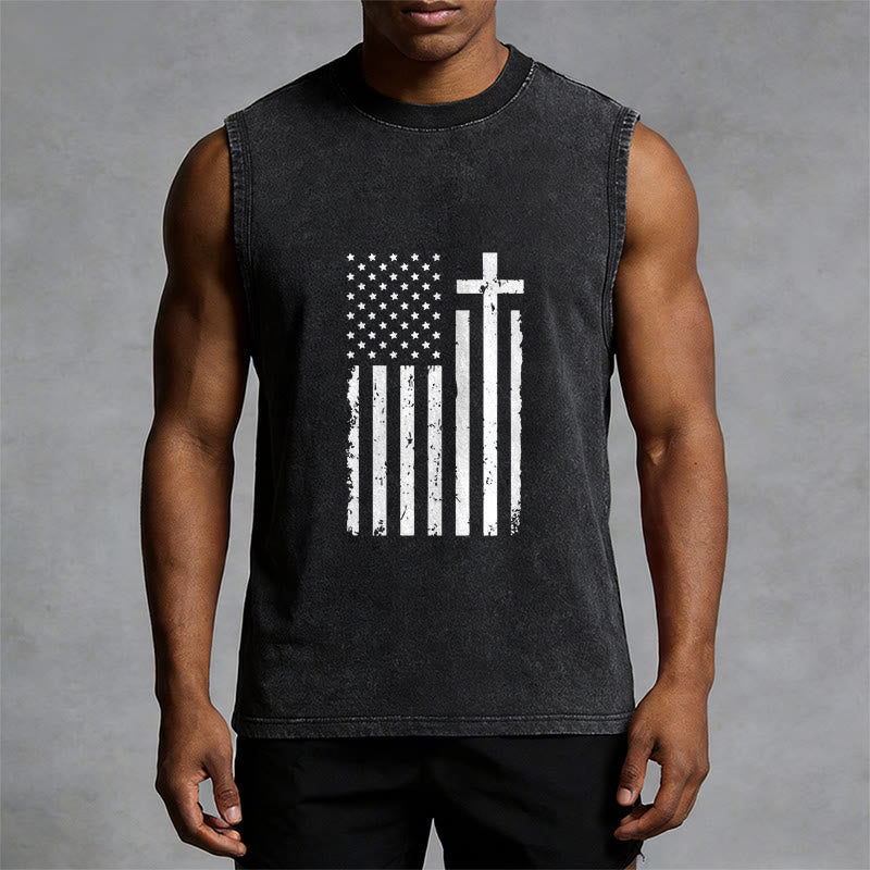 Christianartworkshop Tanktop mit amerikanischer Flagge und Kreuz, patriotisch, gewaschen - image 4