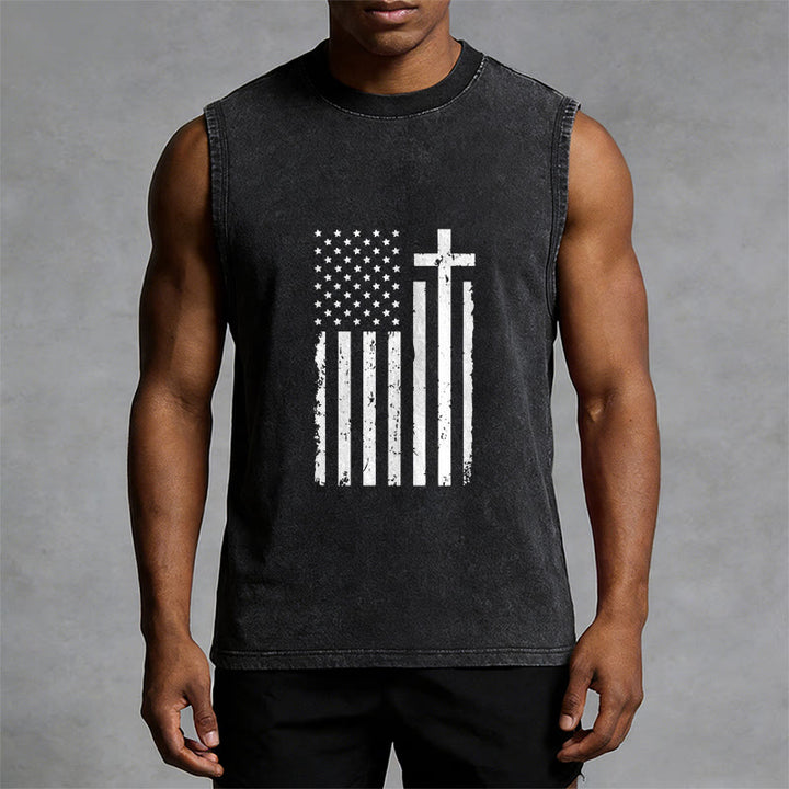 Christianartworkshop Tanktop mit amerikanischer Flagge und Kreuz, patriotisch, gewaschen - image 4