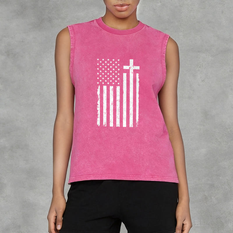 Christianartworkshop Tanktop mit amerikanischer Flagge und Kreuz, patriotisch, gewaschen - image 14