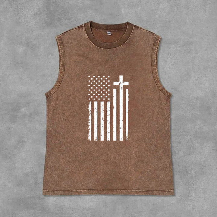 Christianartworkshop Tanktop mit amerikanischer Flagge und Kreuz, patriotisch, gewaschen - Braun - 2XL - image 0