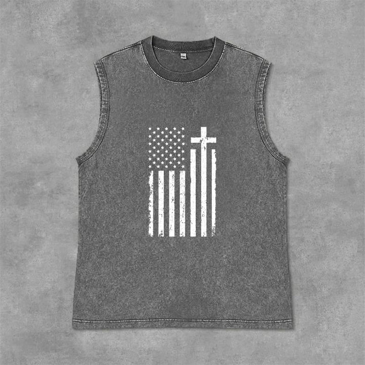 Christianartworkshop Tanktop mit amerikanischer Flagge und Kreuz, patriotisch, gewaschen - Grau - 2XL - image 6