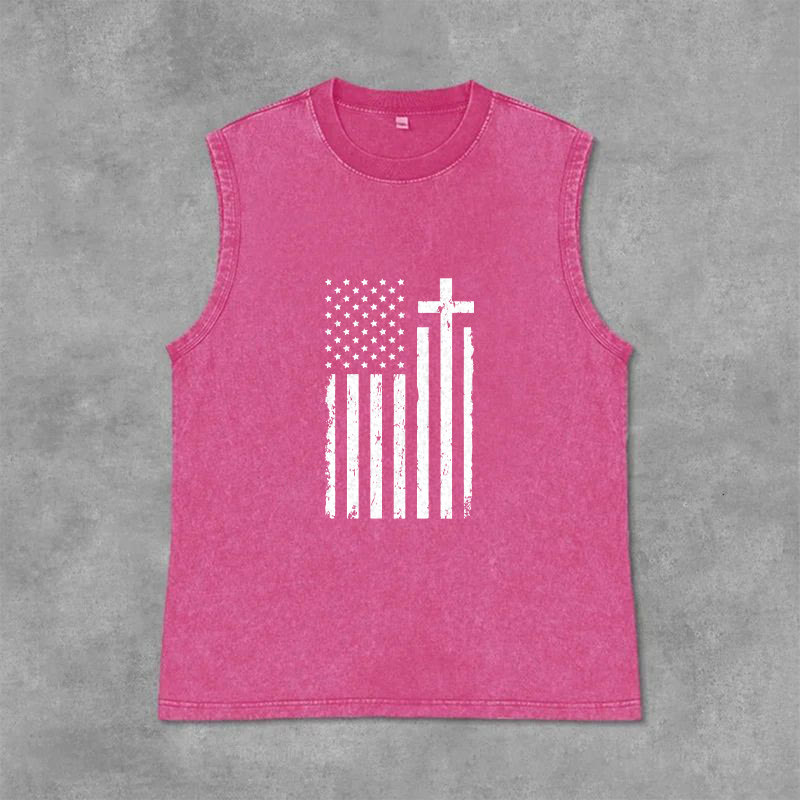 Christianartworkshop Tanktop mit amerikanischer Flagge und Kreuz, patriotisch, gewaschen - Rosa - 2XL - image 12