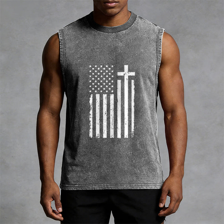 Christianartworkshop Tanktop mit amerikanischer Flagge und Kreuz, patriotisch, gewaschen - image 7