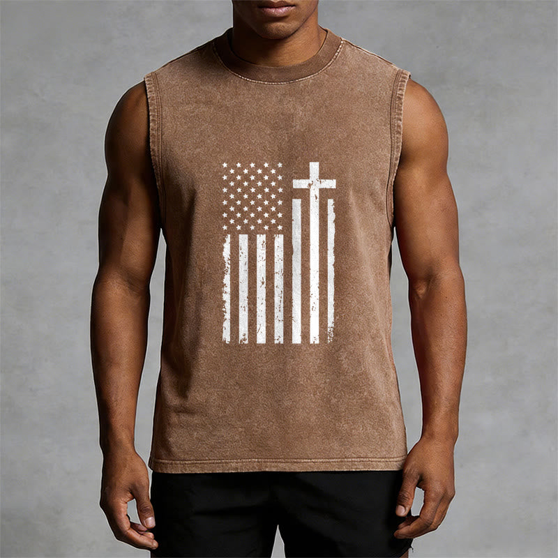 Christianartworkshop Tanktop mit amerikanischer Flagge und Kreuz, patriotisch, gewaschen - image 1