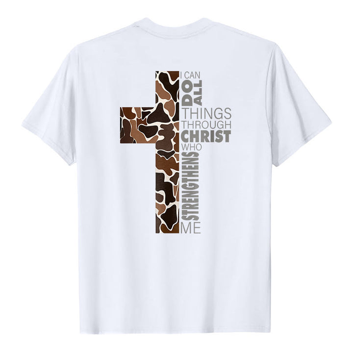 Christianartworkshop Camouflage-Kreuz-Design mit Vers aus Philipper 4,13 – Christliches T-Shirt - image 1