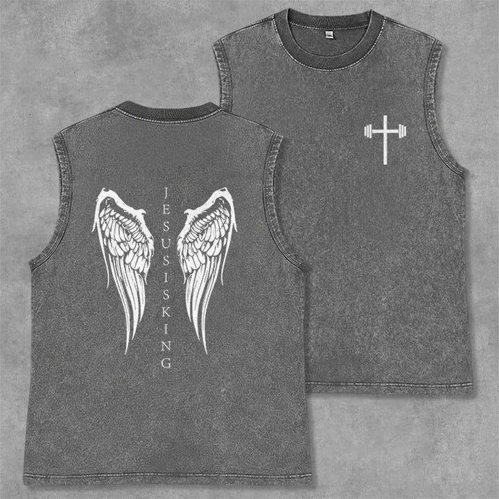 Christianartworkshop Jesus Is King Angel Wings Washed Tank Top - Grau - 2XL - image 8