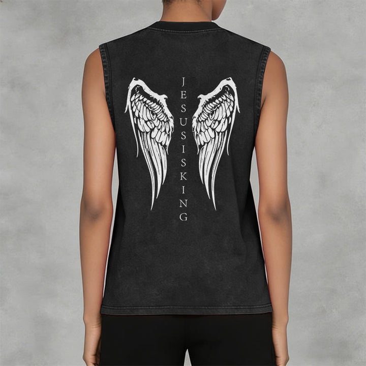Christianartworkshop Jesus Is King Angel Wings Washed Tank Top - image 4