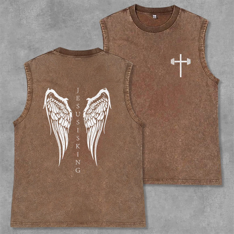 Christianartworkshop Jesus Is King Angel Wings Washed Tank Top - Braun - 2XL - image 29