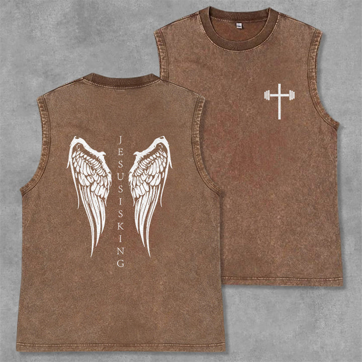 Christianartworkshop Jesus Is King Angel Wings Washed Tank Top - Braun - 2XL - image 29