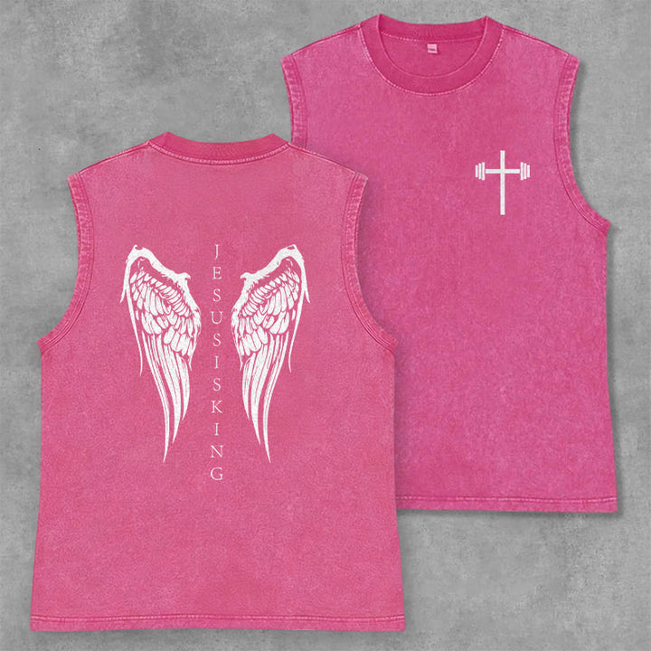 Christianartworkshop Jesus Is King Angel Wings Washed Tank Top - Rosa - 2XL - image 22