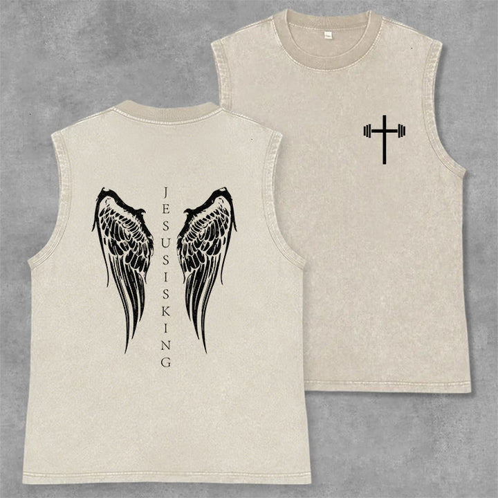 Christianartworkshop Jesus Is King Angel Wings Washed Tank Top - Beige - 2XL - image 15