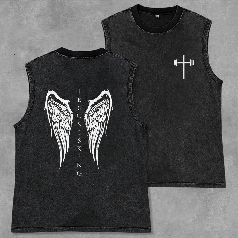 Christianartworkshop Jesus Is King Angel Wings Washed Tank Top - Schwarz - 2XL - image 1
