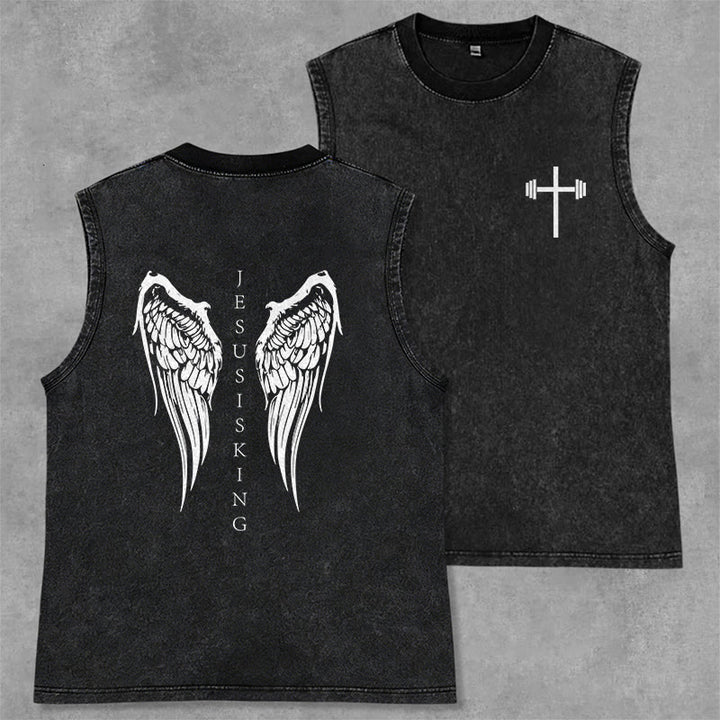 Christianartworkshop Jesus Is King Angel Wings Washed Tank Top - Schwarz - 2XL - image 1