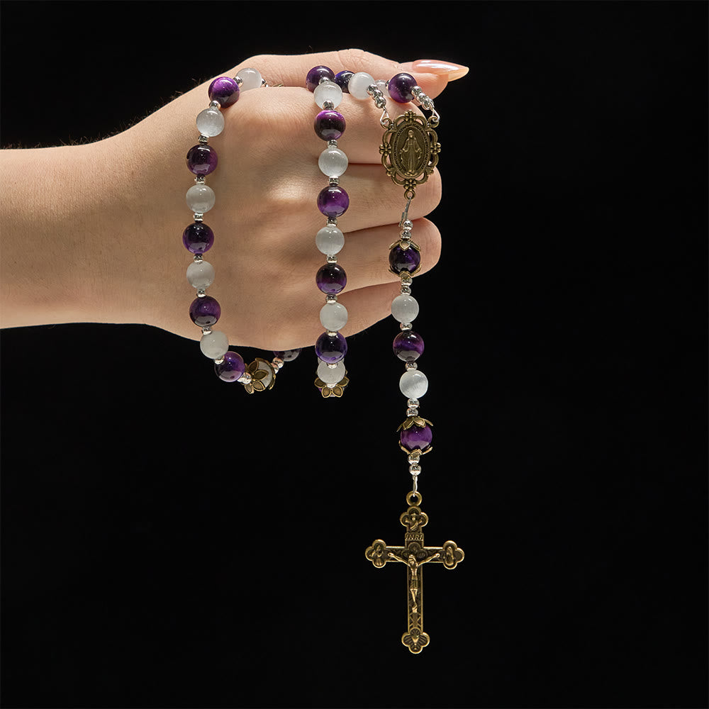 Christianartworkshop Rosenkranz mit Katzenaugenperlen und Marienmedaille: Ein Symbol göttlicher Führung und des Glaubens - Rosenkranz mit lila und weißem Katzenaugenmotiv - image 0