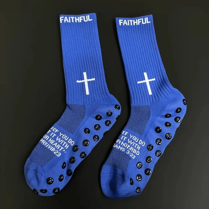 Christianartworkshop 4-farbige Fußballsocken mit Glaubensmotiv und Anti-Rutsch-Aufdruck sowie dem Bibelvers Korinther 5,7 - Blau - 10 Paare - image 8