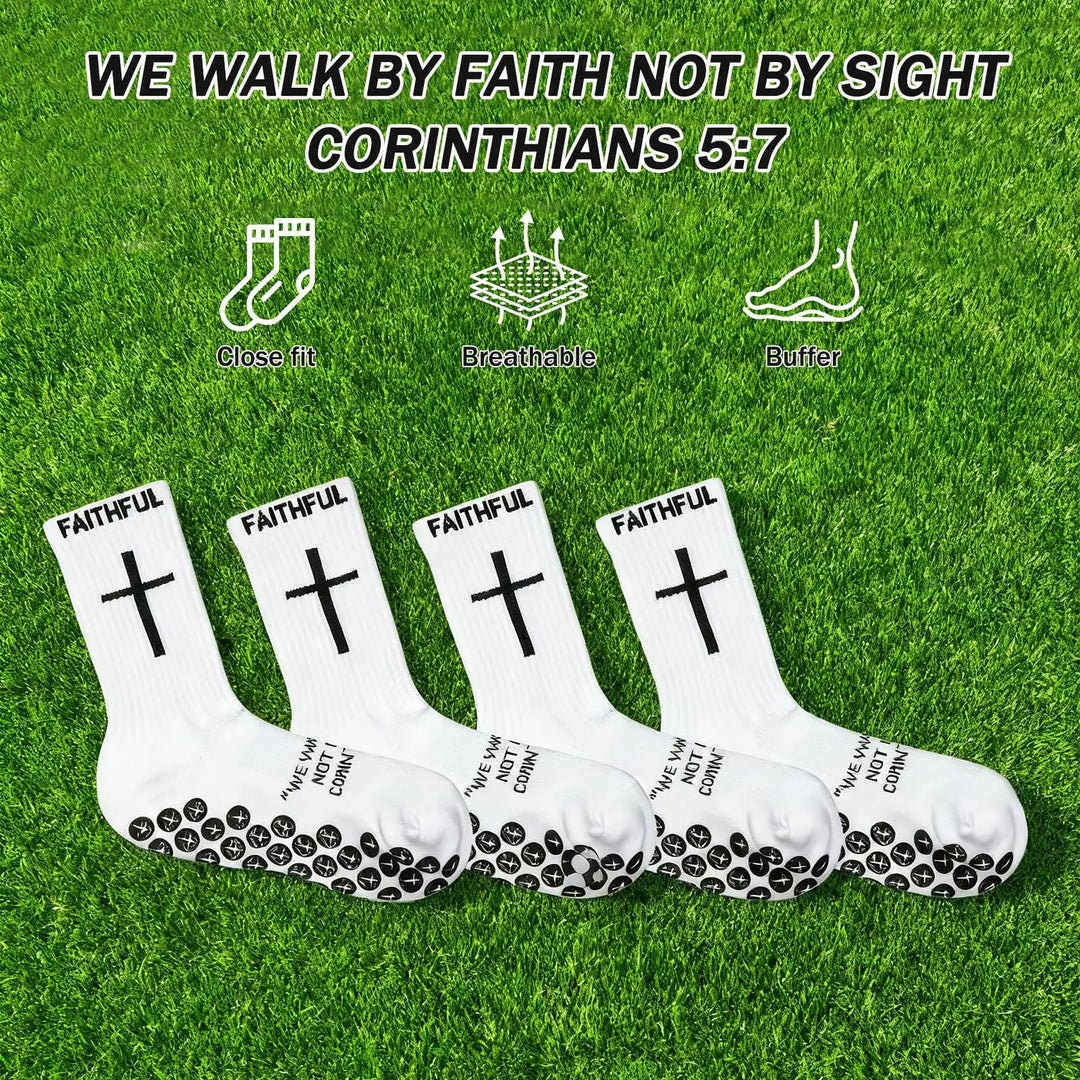 Christianartworkshop 4-farbige, rutschfeste Fußballsocken mit Glaubensmotiv und dem Bibelvers Korinther 5,7 - image 4