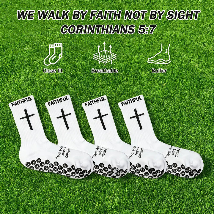 Christianartworkshop 4-farbige, rutschfeste Fußballsocken mit Glaubensmotiv und dem Bibelvers Korinther 5,7 - image 4