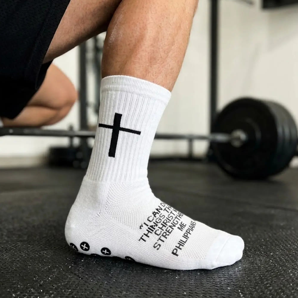 Christianartworkshop Mit Bibelversen bedruckte, rutschfeste Fußballsocken: Philipper 4,13 & Sprüche 3,5 - image 1