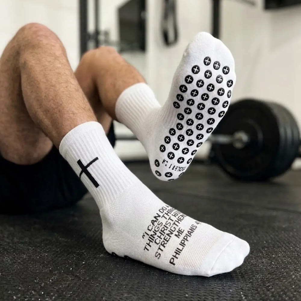 Christianartworkshop Mit Bibelversen bedruckte, rutschfeste Fußballsocken: Philipper 4,13 & Sprüche 3,5 - Weiß - 10 Paare - image 0