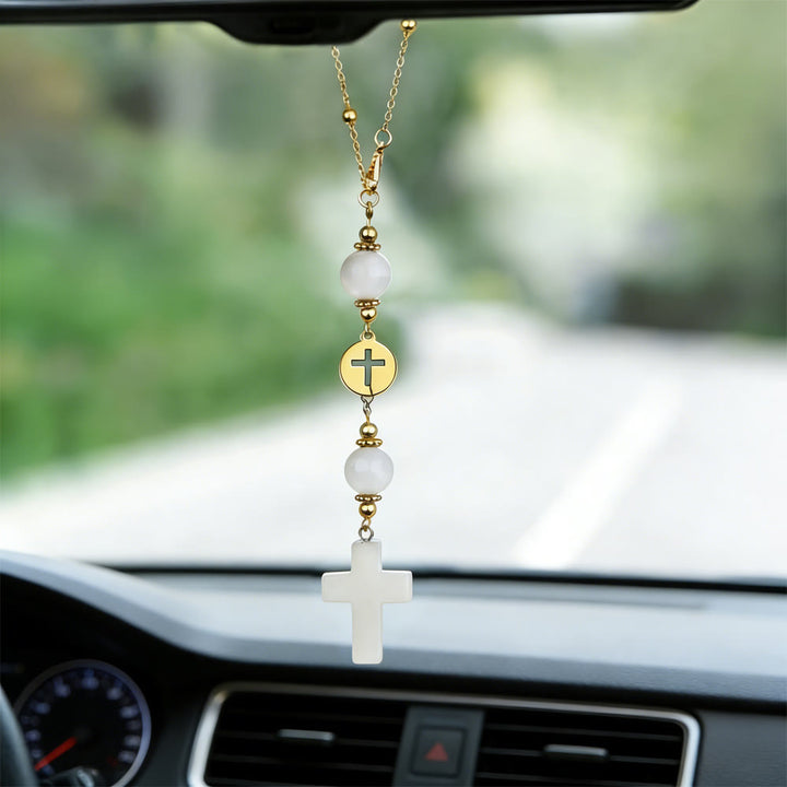 Christianartworkshop Autoanhänger in Kreuzform aus Naturkristall mit Goldperlenkette: Ein heiliger Begleiter für jede Fahrt - Weißer Achat - image 14