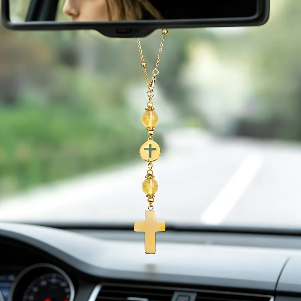 Christianartworkshop Autoanhänger in Kreuzform aus Naturkristall mit Goldperlenkette: Ein heiliger Begleiter für jede Fahrt - Gelber Kristall - image 11
