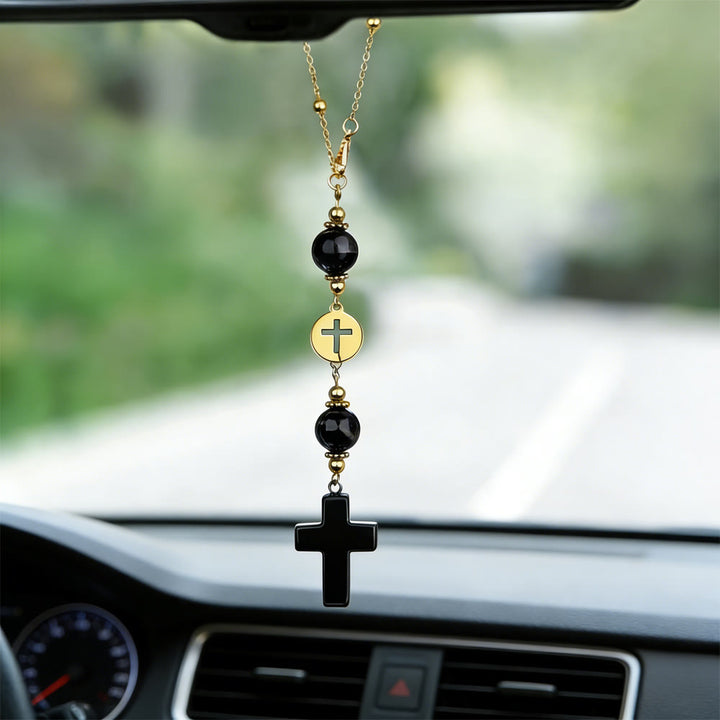 Christianartworkshop Autoanhänger in Kreuzform aus Naturkristall mit Goldperlenkette: Ein heiliger Begleiter für jede Fahrt - Obsidian - image 15