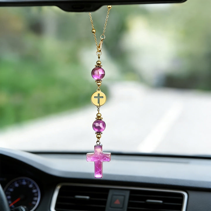 Christianartworkshop Autoanhänger in Kreuzform aus Naturkristall mit Goldperlenkette: Ein heiliger Begleiter für jede Fahrt - Amethyst - image 13